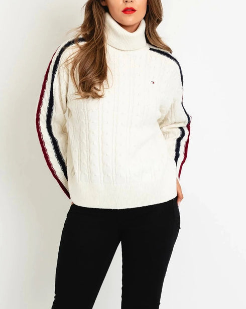 Dolcevita Donna con manica rigata Bianco rosso blu Tommy Hilfiger- Francavilla Moda